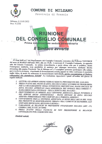 CONVOCAZIONE CONSIGLIO COMUNALE DEL 22.03.2022