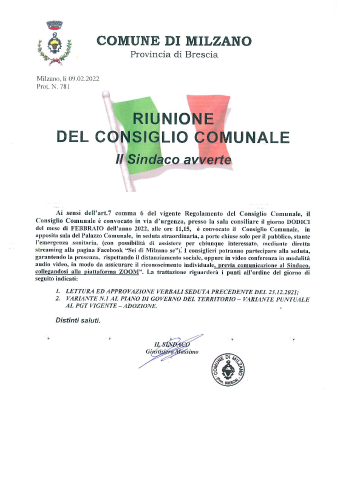 CONVOCAZIONE CONSIGLIO COMUNALE DEL 12.02.2022