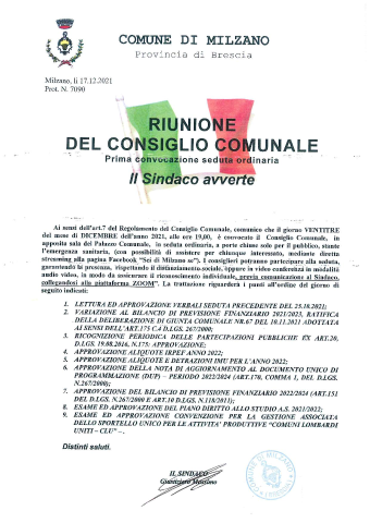 CONVOCAZIONE DEL CONSIGLIO COMUNALE DEL  23.12.2021