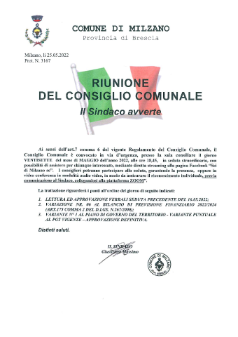 CONVOCAZIONE CONSIGLIO COMUNALE DEL 27.07.2022