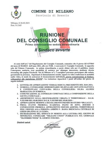 CONVOCAZIONE CONSIGLIO COMUNALE DEL 04.03.2021 - 