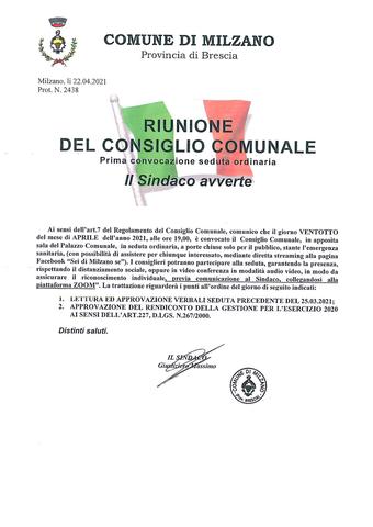 CONVOCAZIONE CONSIGLIO COMUNALE DEL 28.04.2021 